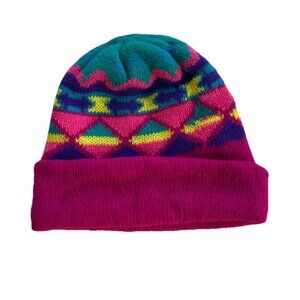 Vintage 90s Fleece Lined Acrylic Navajo Aztec Teal Purple Geometric Beanie Girls